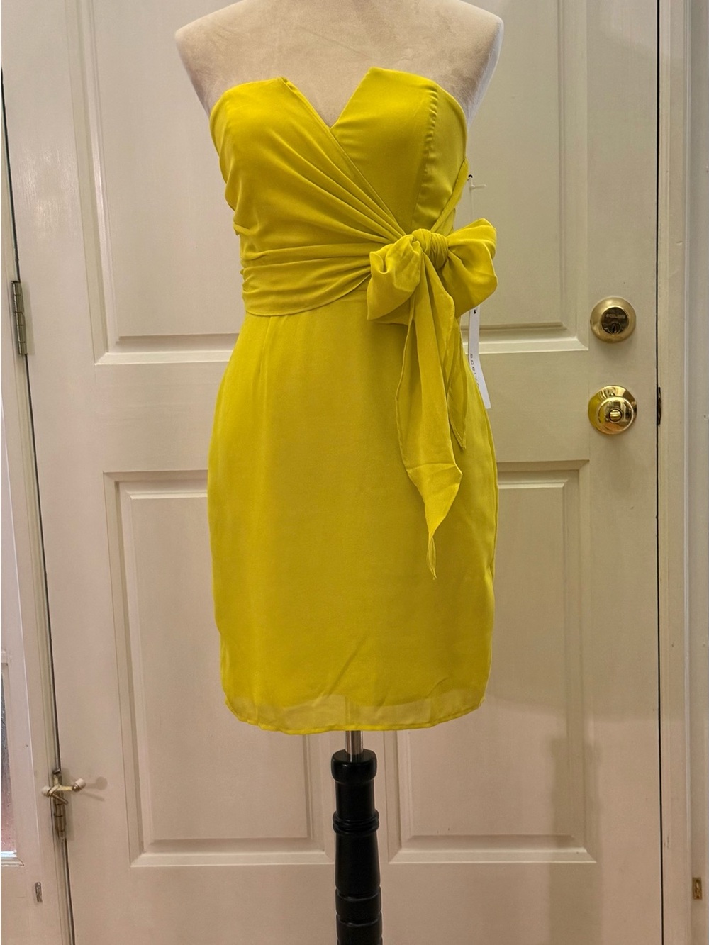 Adelyn Rae Strapless Yellow Wrap Dress with Side Bow
